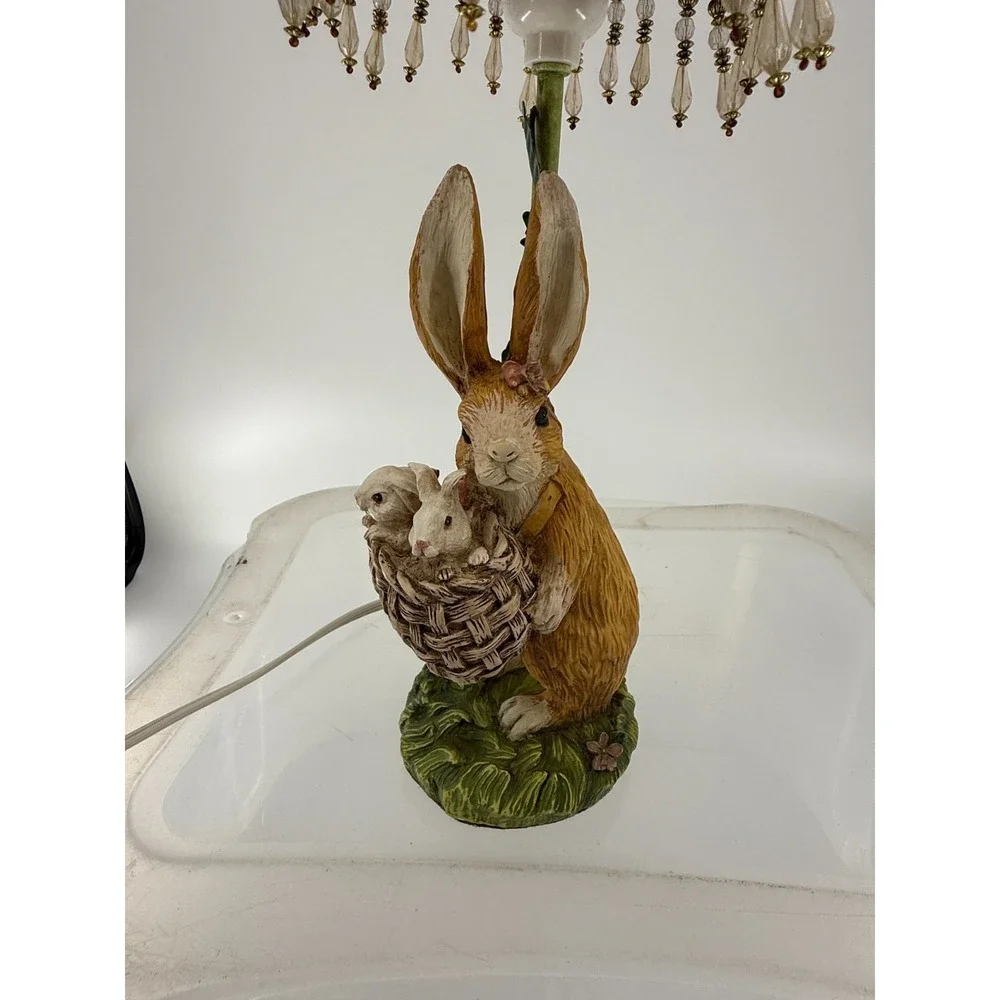 Vintage Rabbit Table Lamp with Beaded Shade Woodland Cottagecore Decor